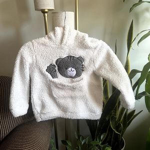 White Toddler Sweater Fuzzy Hoodie Kangaroo Pouch Teddy Bear Top Size 5-6Y